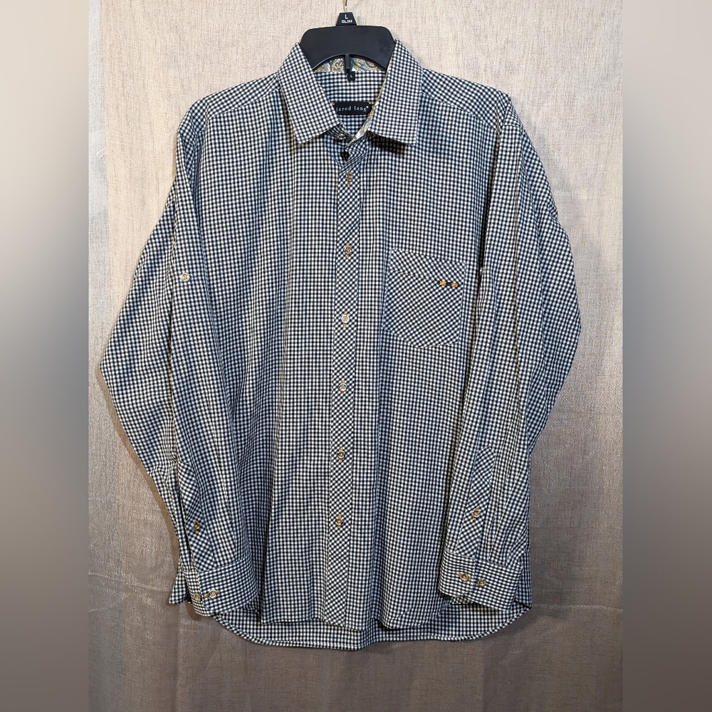 ☘️Jared Lang Mens Black White Gingham Button Up Long Sleeve Size L 100% Cotton